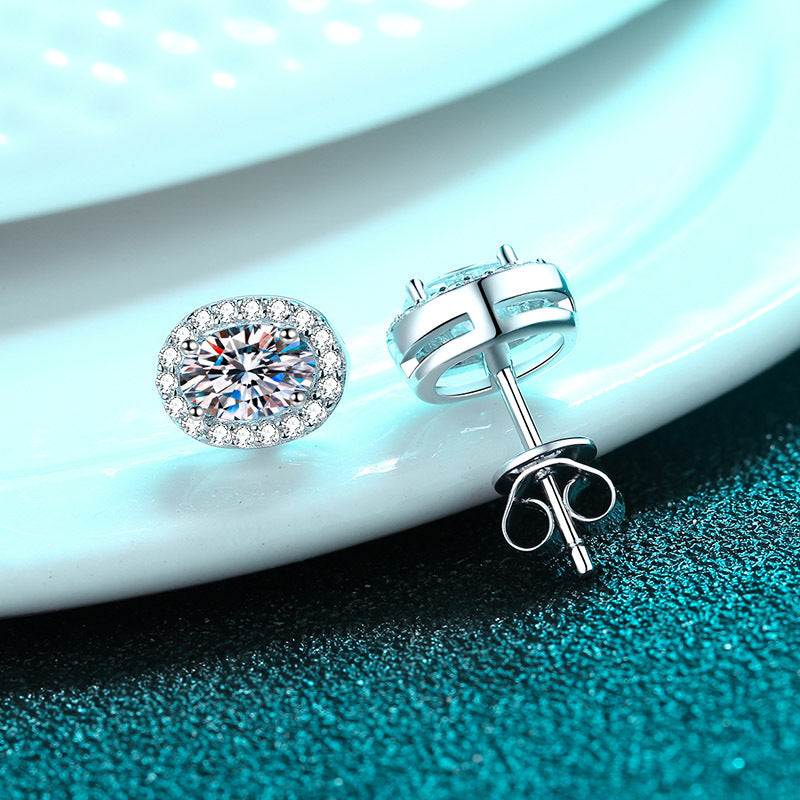 925 Sterling Silver PT950 Platinum Plated Oval Moissanite Stud Earrings - Geometric Minimalist Earrings (0.5ct-1ct per Earring)