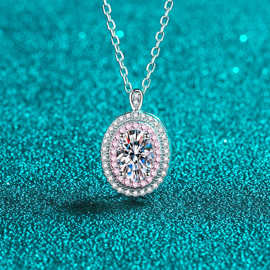 925 Sterling Silver PT950 Rose Gold Plated Oval Pendant Necklace - 1CT Moissanite Sporty-Chic Chain