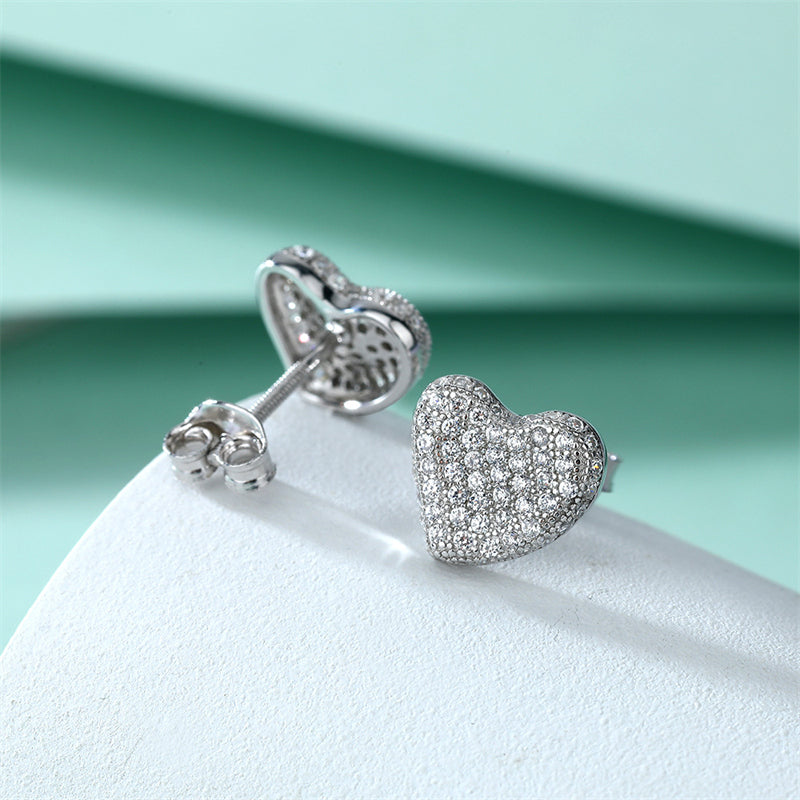 925 Sterling Silver Pavé Heart Stud Earrings – Elegant Full-Zircon Love Design