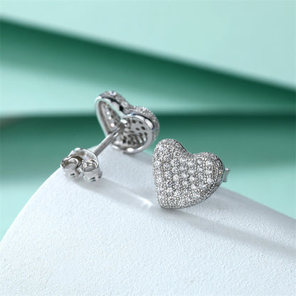 925 Sterling Silver Pavé Heart Stud Earrings – Elegant Full-Zircon Love Design