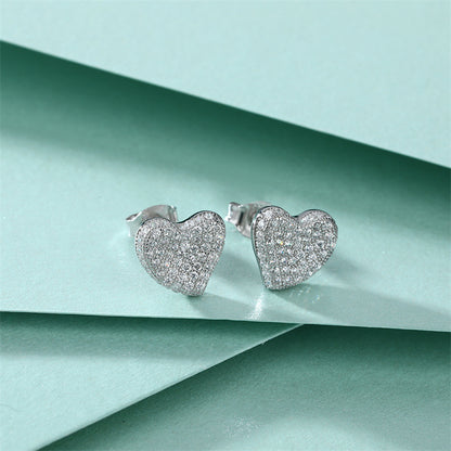 925 Sterling Silver Pavé Heart Stud Earrings – Elegant Full-Zircon Love Design