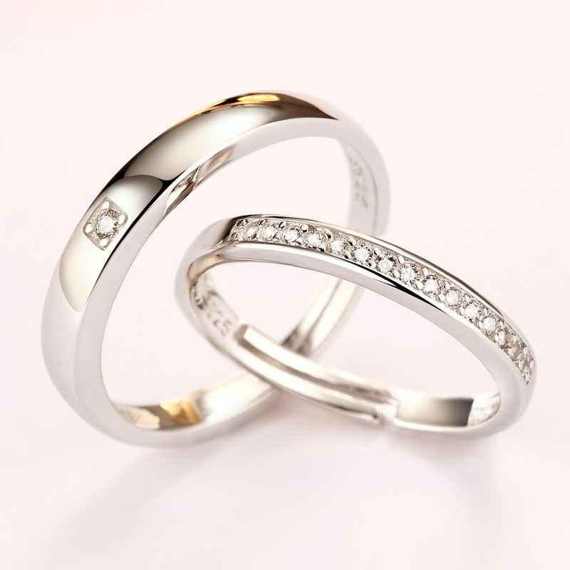 925 Sterling Silver Pave Zircon Couple Rings - Adjustable Korean-Style Matching Set