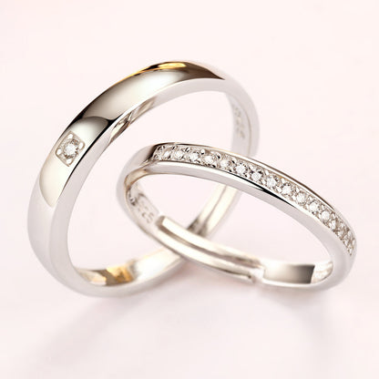 925 Sterling Silver Pave Zircon Couple Rings - Adjustable Korean-Style Matching Set