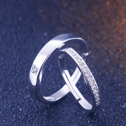 925 Sterling Silver Pave Zircon Couple Rings - Adjustable Korean-Style Matching Set