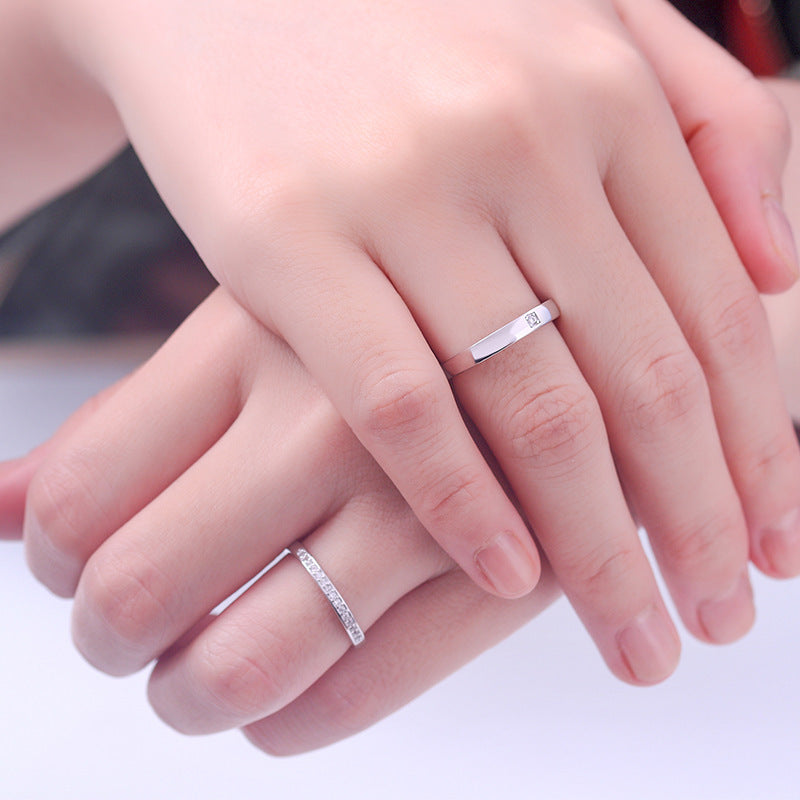 925 Sterling Silver Pave Zircon Couple Rings - Adjustable Korean-Style Matching Set