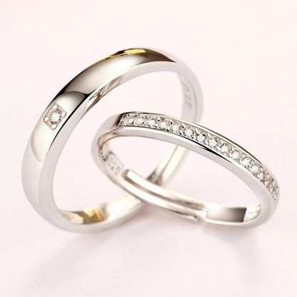 925 Sterling Silver Pave Zircon Couple Rings - Adjustable Korean-Style Matching Set