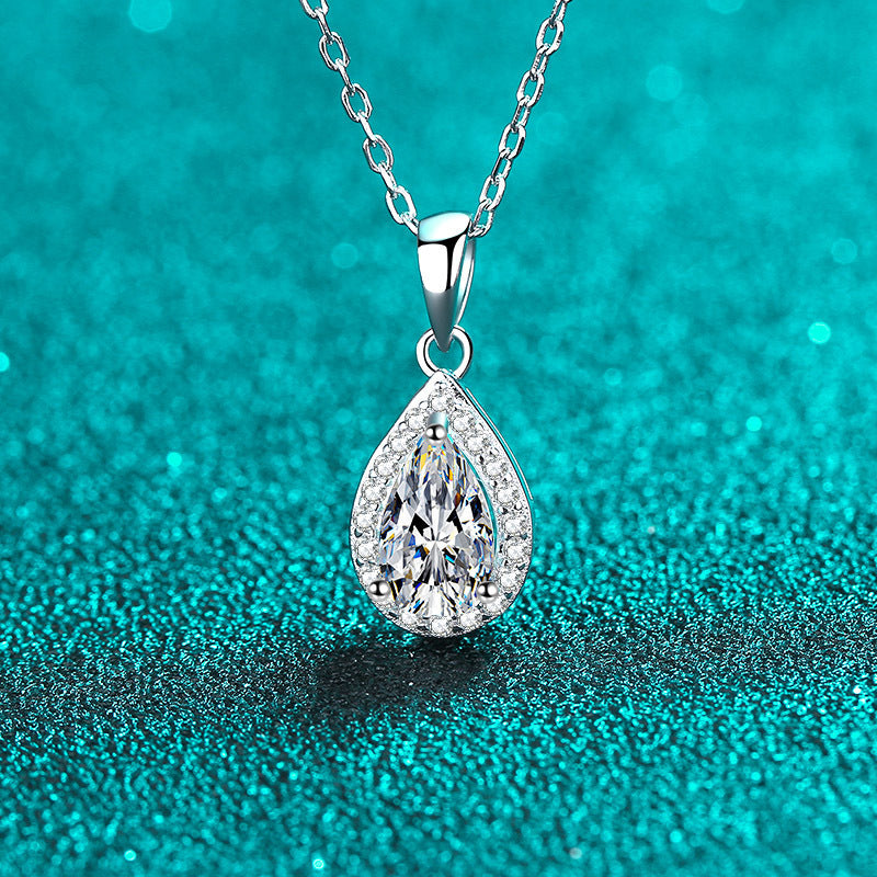 925 Sterling Silver Pear-Cut Pendant Necklace - 1CT Moissanite PT950-Plated Cluster Chain