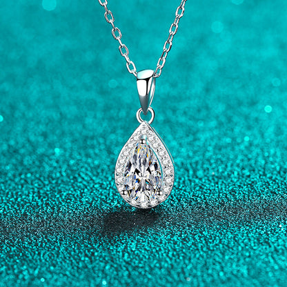 925 Sterling Silver Pear-Cut Pendant Necklace - 1CT Moissanite PT950-Plated Cluster Chain