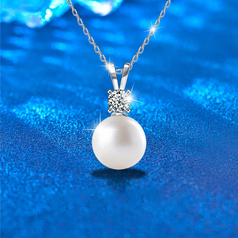 925 Sterling Silver Pearl Accent Geometric Pendant Multi-Layer Necklace with 0.5ct Moissanite Cross Chain Rhodium Plated