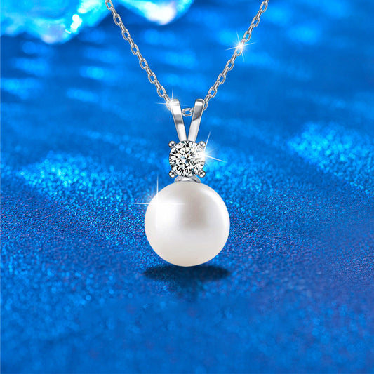 925 Sterling Silver Pearl Accent Geometric Pendant Multi-Layer Necklace with 0.5ct Moissanite Cross Chain Rhodium Plated
