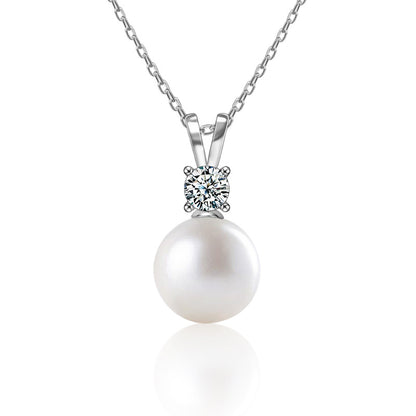 925 Sterling Silver Pearl Accent Geometric Pendant Multi-Layer Necklace with 0.5ct Moissanite Cross Chain Rhodium Plated