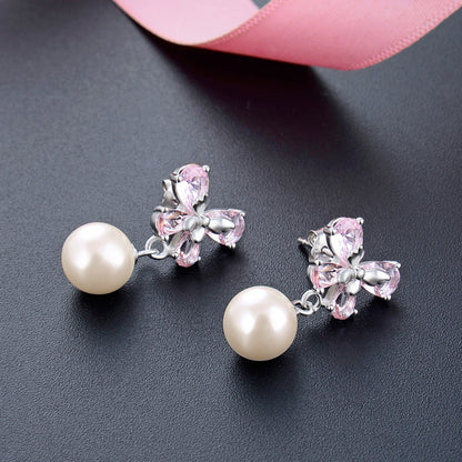 925 Sterling Silver Pearl Drop Earrings - Korean Style Geometric Dangle Earrings for Women