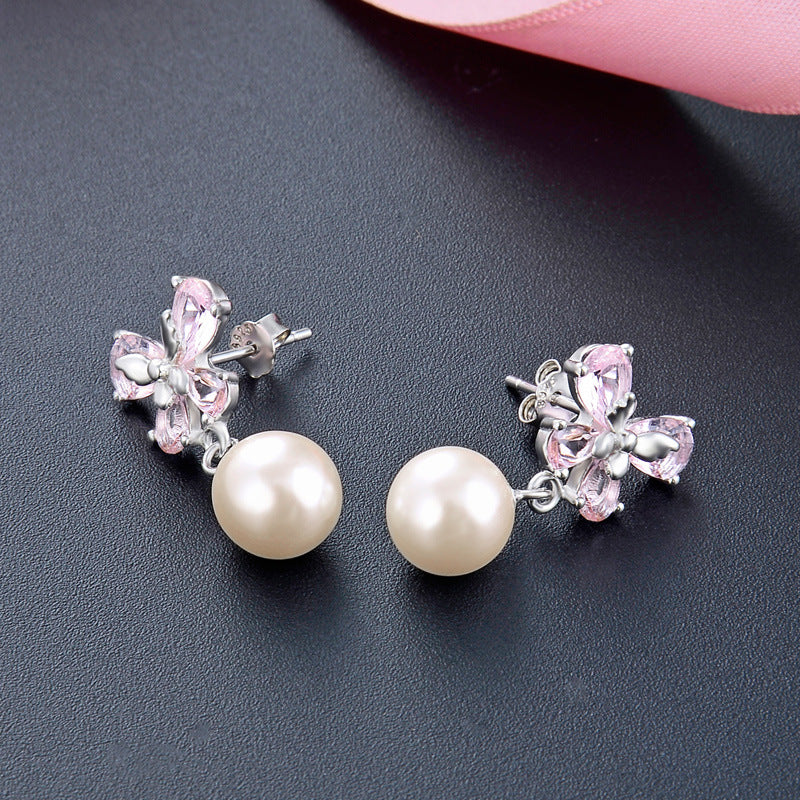 925 Sterling Silver Pearl Drop Earrings - Korean Style Geometric Dangle Earrings for Women