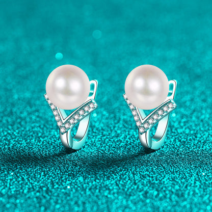 925 Sterling Silver Pearl Huggie Hoops - 0.13ct Moissanite & 8mm Freshwater Pearls with PT950 Gold Plating