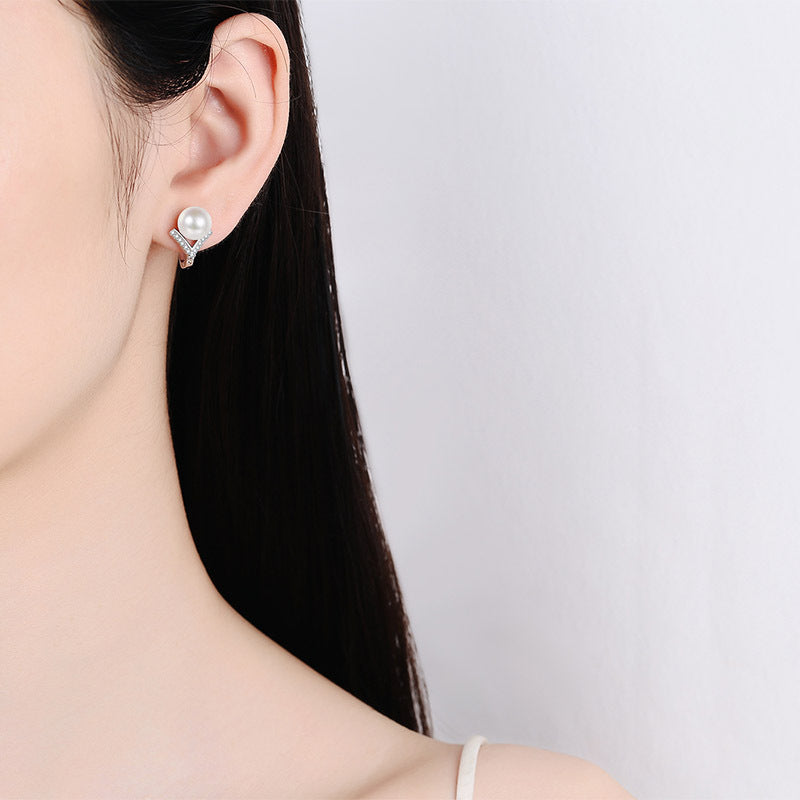 925 Sterling Silver Pearl Huggie Hoops - 0.13ct Moissanite & 8mm Freshwater Pearls with PT950 Gold Plating