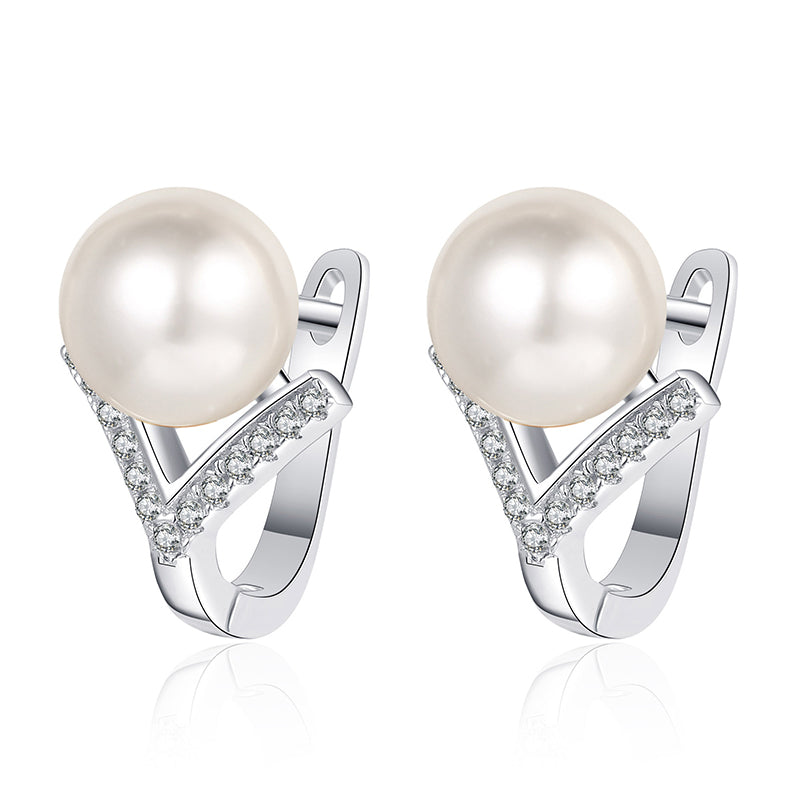 925 Sterling Silver Pearl Huggie Hoops - 0.13ct Moissanite & 8mm Freshwater Pearls with PT950 Gold Plating