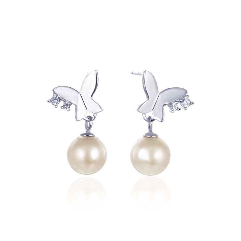 925 Sterling Silver Pearl & Diamond Stud Earrings - 1.5g Korean Style Shell Pearl Earrings with Plastic Backs