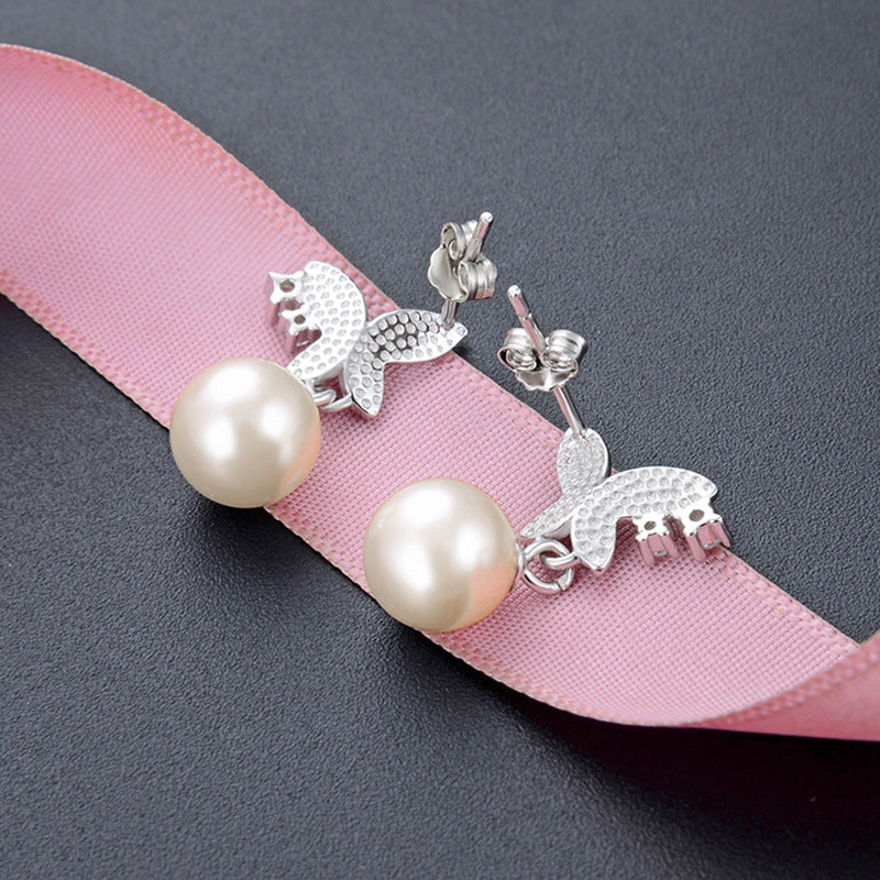 925 Sterling Silver Pearl & Diamond Stud Earrings - 1.5g Korean Style Shell Pearl Earrings with Plastic Backs