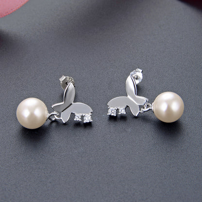925 Sterling Silver Pearl & Diamond Stud Earrings - 1.5g Korean Style Shell Pearl Earrings with Plastic Backs