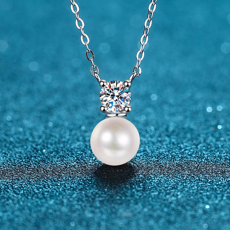 925 Sterling Silver Pearl & Moissanite Necklace - 0.5CT Diamond Simulant & 8mm Freshwater Pearl