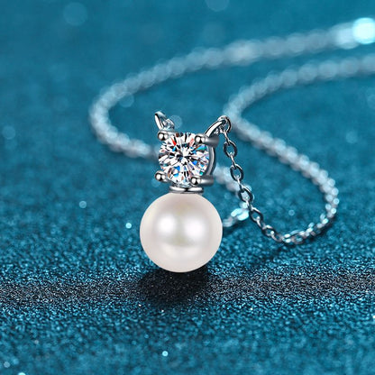 925 Sterling Silver Pearl & Moissanite Necklace - 0.5CT Diamond Simulant & 8mm Freshwater Pearl