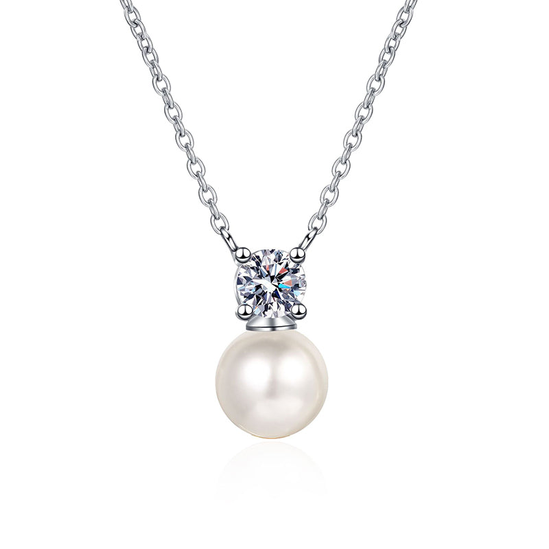 925 Sterling Silver Pearl & Moissanite Necklace - 0.5CT Diamond Simulant & 8mm Freshwater Pearl