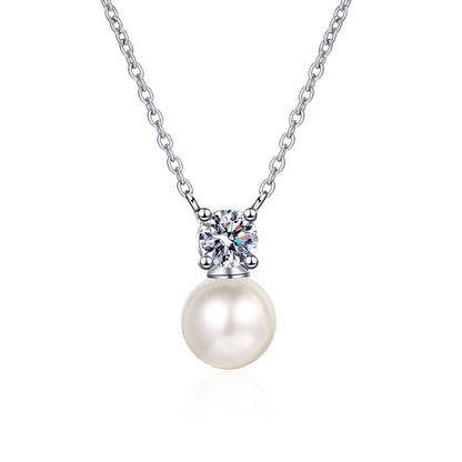 925 Sterling Silver Pearl & Moissanite Necklace - 0.5CT Diamond Simulant & 8mm Freshwater Pearl