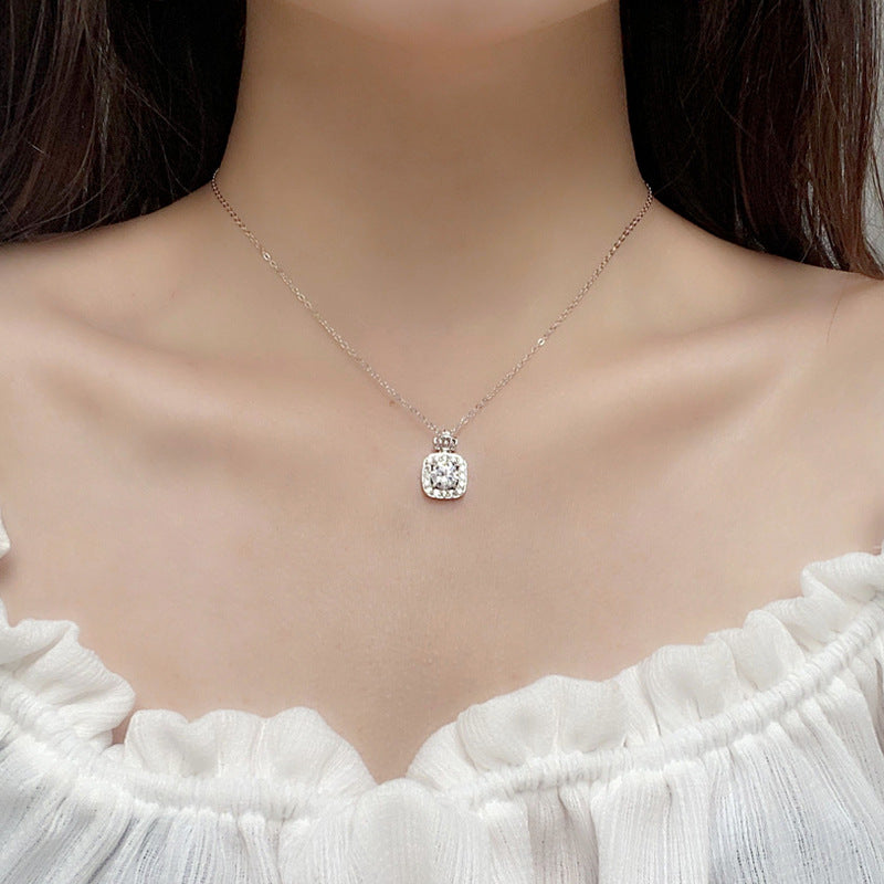 925 Sterling Silver Perfume Bottle Crown Pendant Necklace with 1ct or 2ct Moissanite Cross Chain Unique Women's Jewelry