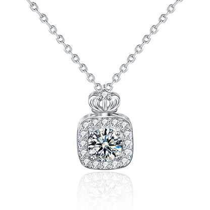 925 Sterling Silver Perfume Bottle Crown Pendant Necklace with 1ct or 2ct Moissanite Cross Chain Unique Women's Jewelry