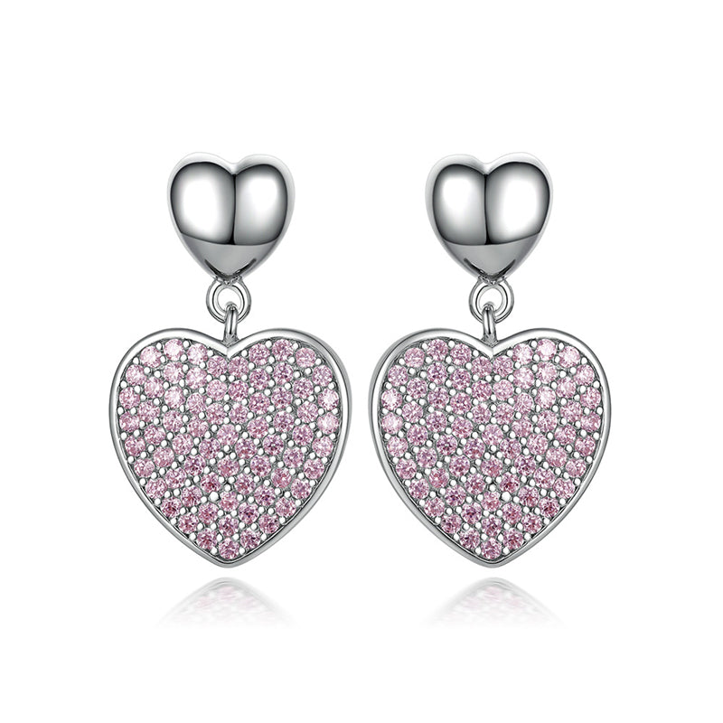 925 Sterling Silver Pink Zircon Heart Earrings – Elegant Fringe Drop Design for Women