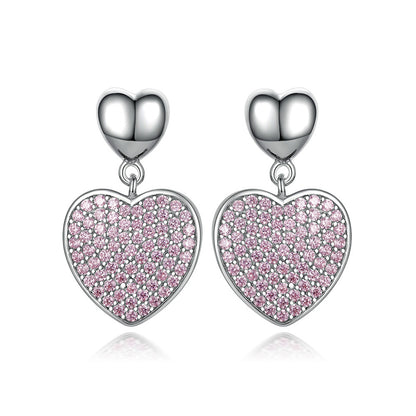 925 Sterling Silver Pink Zircon Heart Earrings – Elegant Fringe Drop Design for Women