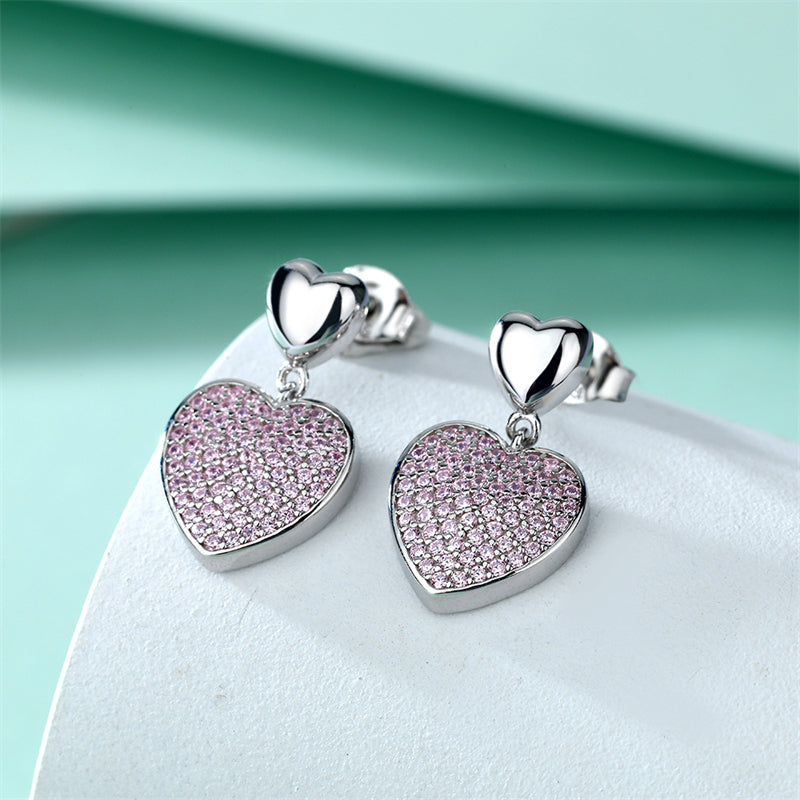 925 Sterling Silver Pink Zircon Heart Earrings – Elegant Fringe Drop Design for Women