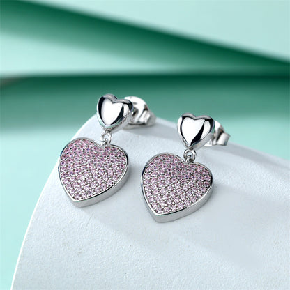 925 Sterling Silver Pink Zircon Heart Earrings – Elegant Fringe Drop Design for Women