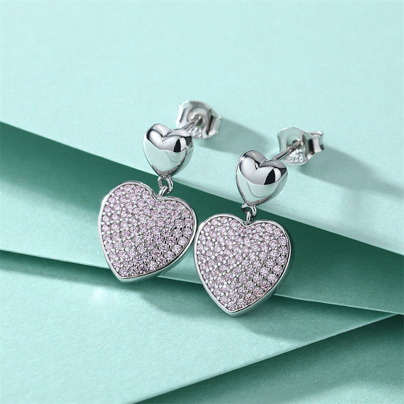 925 Sterling Silver Pink Zircon Heart Earrings – Elegant Fringe Drop Design for Women