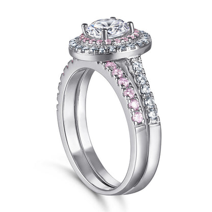925 Sterling Silver Pink Zircon Ring Set – Elegant Stackable Band Collection