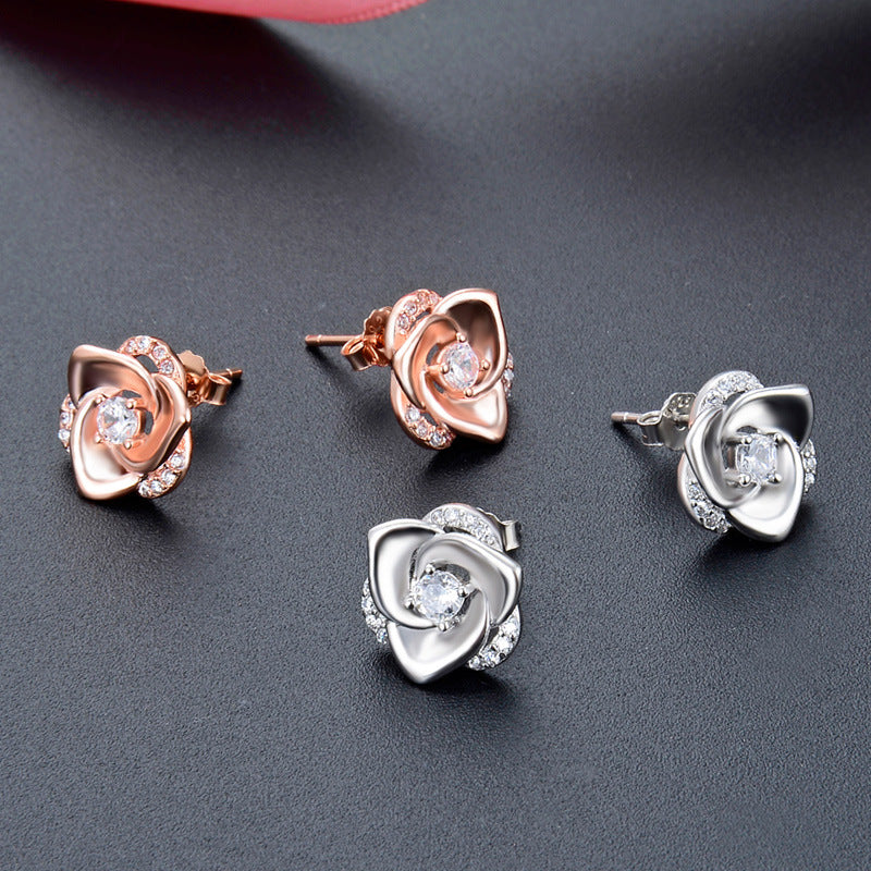 925 Sterling Silver Plated Cartoon Stud Earrings - 2.6g Playful White Gold & Rose Gold Earrings with Plastic Backs