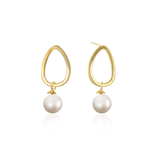 925 Sterling Silver Plated Oval Shell Pearl Stud Earrings with Plastic Backs - Geometric European Style for Women (1.4g)