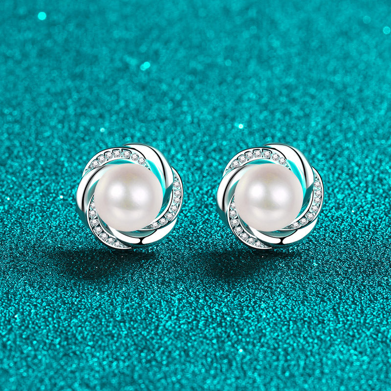 925 Sterling Silver Plum Blossom Stud Earrings - 0.17ct Moissanite & 8mm Pearls with Platinum Plating