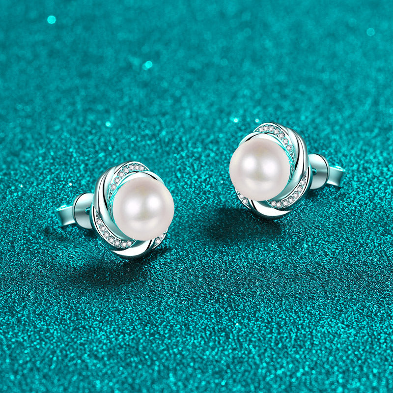 925 Sterling Silver Plum Blossom Stud Earrings - 0.17ct Moissanite & 8mm Pearls with Platinum Plating