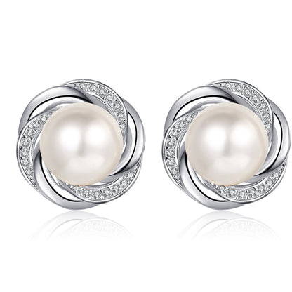 925 Sterling Silver Plum Blossom Stud Earrings - 0.17ct Moissanite & 8mm Pearls with Platinum Plating