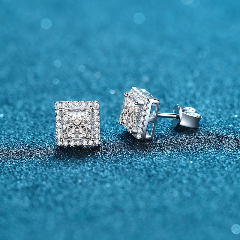 925 Sterling Silver Princess-Cut Moissanite Stud Earrings - 1ct/2ct/4ct Micro-Paved Square Earrings with Floral Motifs