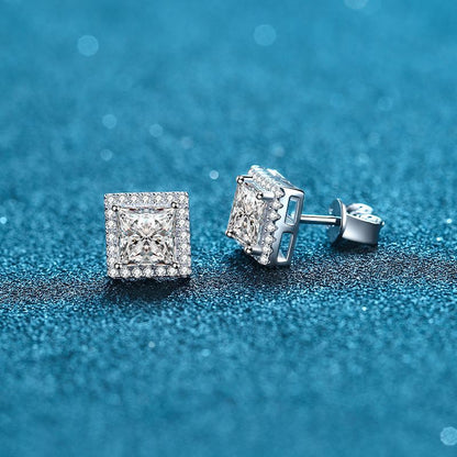 925 Sterling Silver Princess-Cut Moissanite Stud Earrings - 1ct/2ct/4ct Micro-Paved Square Earrings with Floral Motifs