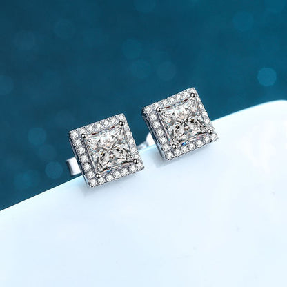 925 Sterling Silver Princess-Cut Moissanite Stud Earrings - 1ct/2ct/4ct Micro-Paved Square Earrings with Floral Motifs