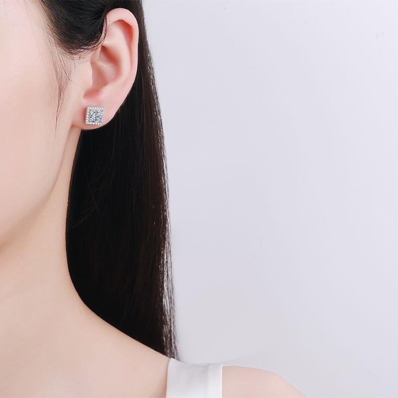 925 Sterling Silver Princess-Cut Moissanite Stud Earrings - 1ct/2ct/4ct Micro-Paved Square Earrings with Floral Motifs