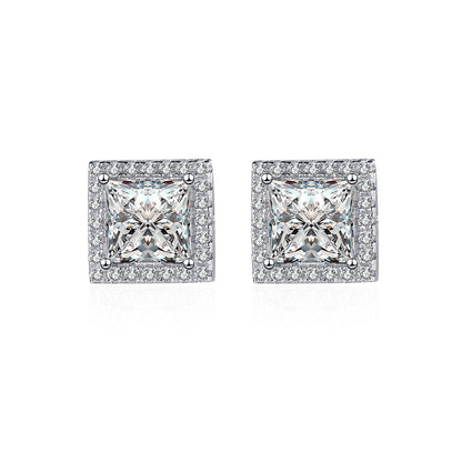 925 Sterling Silver Princess-Cut Moissanite Stud Earrings - 1ct/2ct/4ct Micro-Paved Square Earrings with Floral Motifs