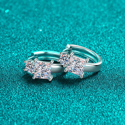 925 Sterling Silver Princess Cut Moissanite Huggie Hoop Earrings - PT950 Gold Plated (2.6CT)