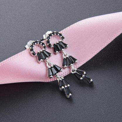 925 Sterling Silver Quadrilateral Drop Earrings - White Gold/Black Zircon & Rose Gold/White Zircon Korean Style Earrings with Plastic Backs