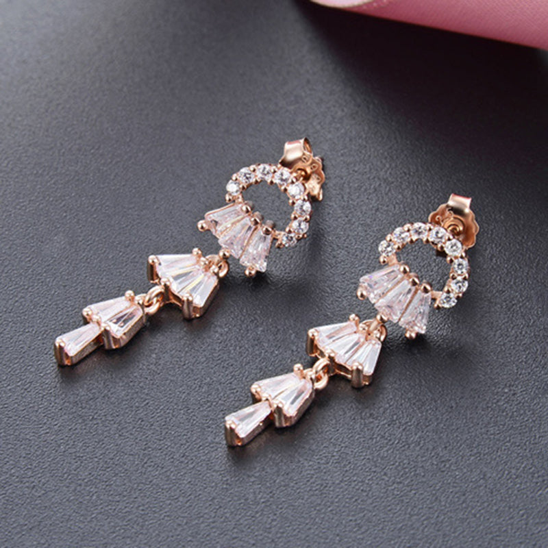 925 Sterling Silver Quadrilateral Drop Earrings - White Gold/Black Zircon & Rose Gold/White Zircon Korean Style Earrings with Plastic Backs