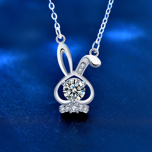 925 Sterling Silver Rabbit Pendant Necklace with 0.5ct Moissanite Micro-Pavé Cross Chain Rhodium Plated Women's Elegant Jewelry