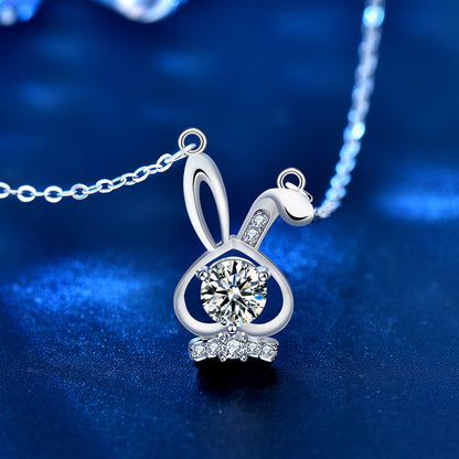 925 Sterling Silver Rabbit Pendant Necklace with 0.5ct Moissanite Micro-Pavé Cross Chain Rhodium Plated Women's Elegant Jewelry